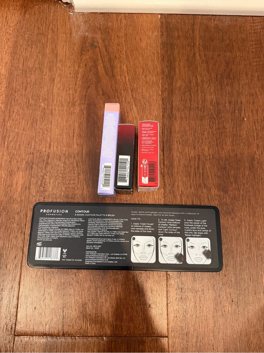 Profusion contour set, Florence lip gloss, MAC lipstick, clarins lip stains